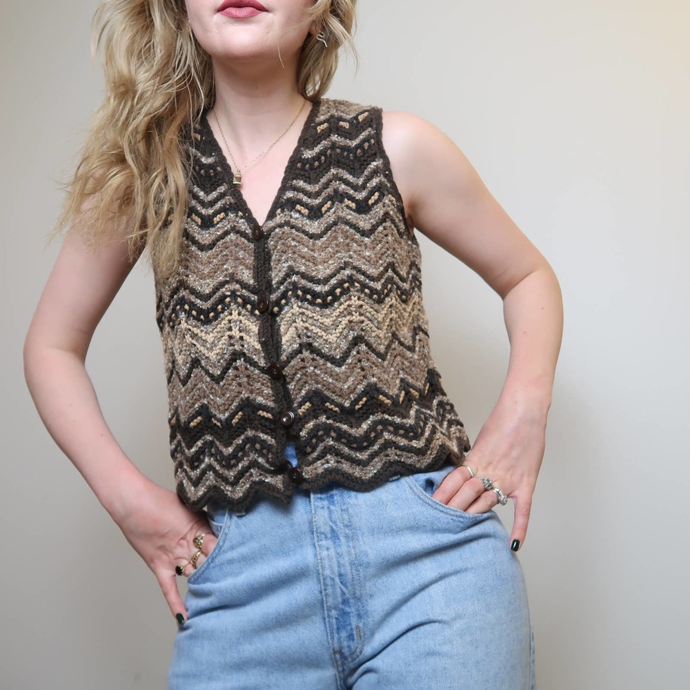 Vintage 90s brown chenille sweater vest S - Picture 3 of 6